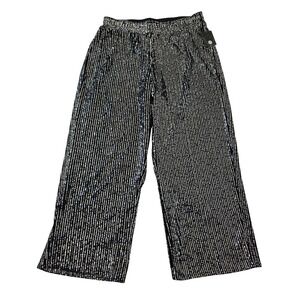 Messini Woman Sequin Wide Leg Pants Silver Black Striped Party Trousers 1X NWT